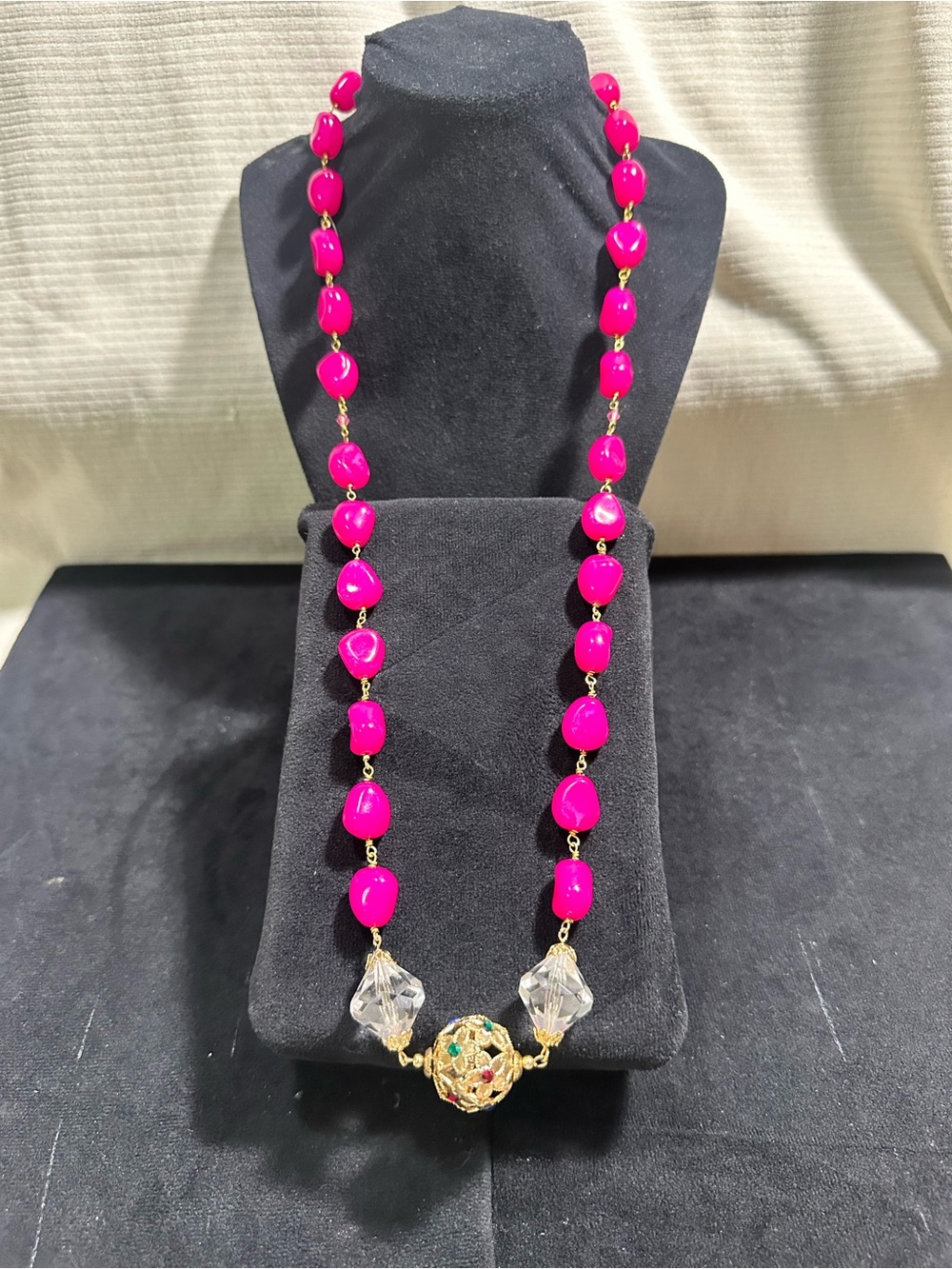 Vtg Barbie Pink Glass (Glower) Faceted Crystal & Multicolored gemstone Necklace